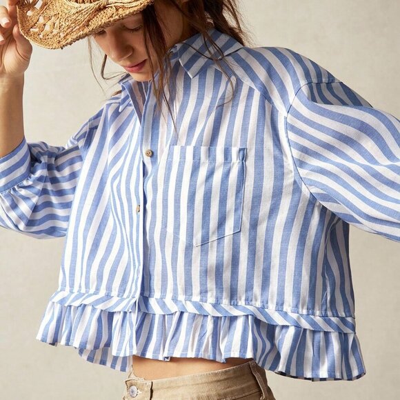 Blue white Casual Women's Vacation Striped Collared 3/4 Sleeve Ruffle top - Picture 6 of 7